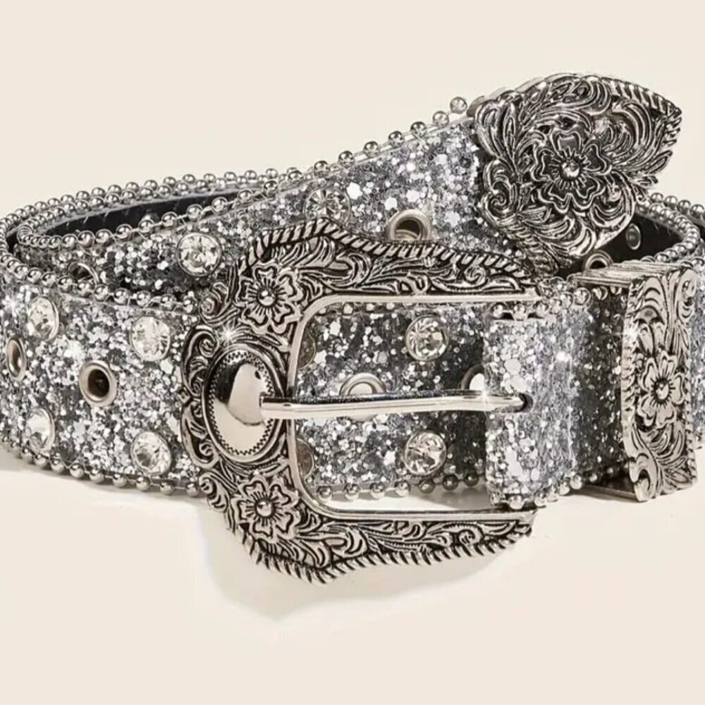 Western Rhinestone Glitter Pleather Belt 40" Length